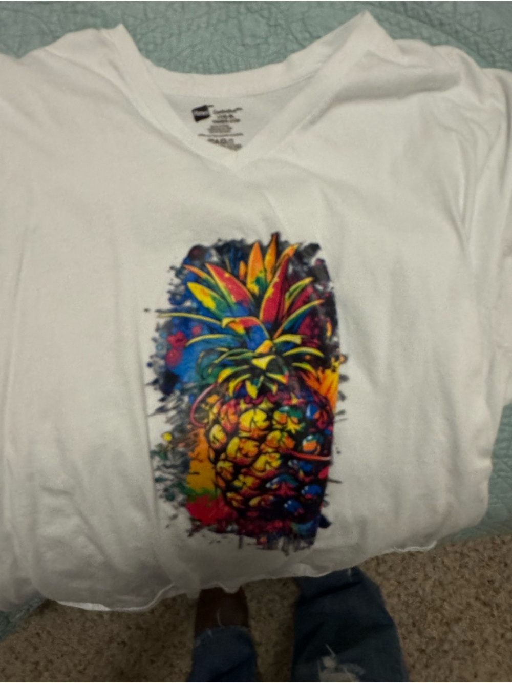 Hanes White Short Sleeve V-Neck Tee with Multicolor Pineapple Graphic